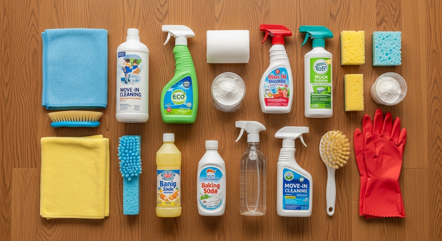 셀프 입주 청소에 필요한 필수 준비물들(세제, 베이킹소다, 청소도구)이 정돈된 모습.