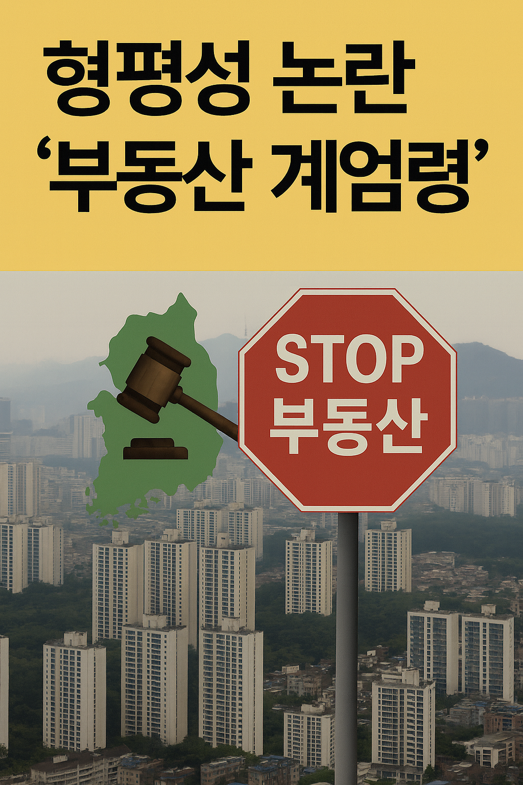 서울 아파트 단지를 배경으로 &lsquo;형평성 논란 부동산 계엄령&rsquo; 문구가 중앙에 배치된 썸네일. 붉은 STOP 표지판과 법봉이 정부의 강력 규제를 상징.