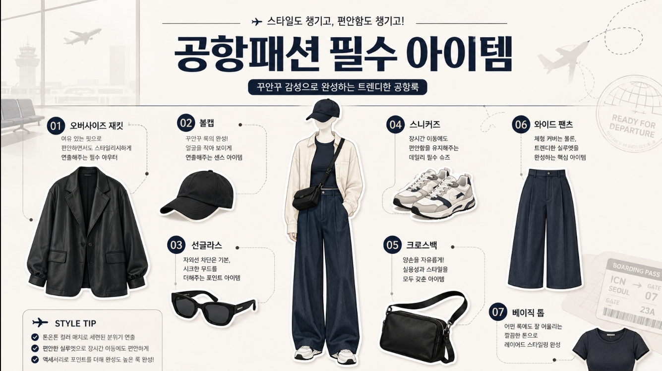 오버핏 재킷 볼캡 선글라스 운동화 크로스백 와이드팬츠 등 K-팝 공항패션 필수 아이템 인포그래픽