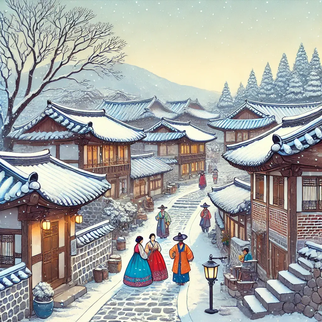 전주 한옥마을의 눈 덮인 겨울 풍경과 전통 한옥