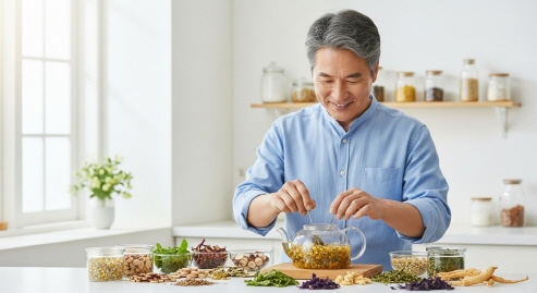 허브티를 블렌딩하는 중년 남성&amp;#44; 다양한 말린 허브 재료