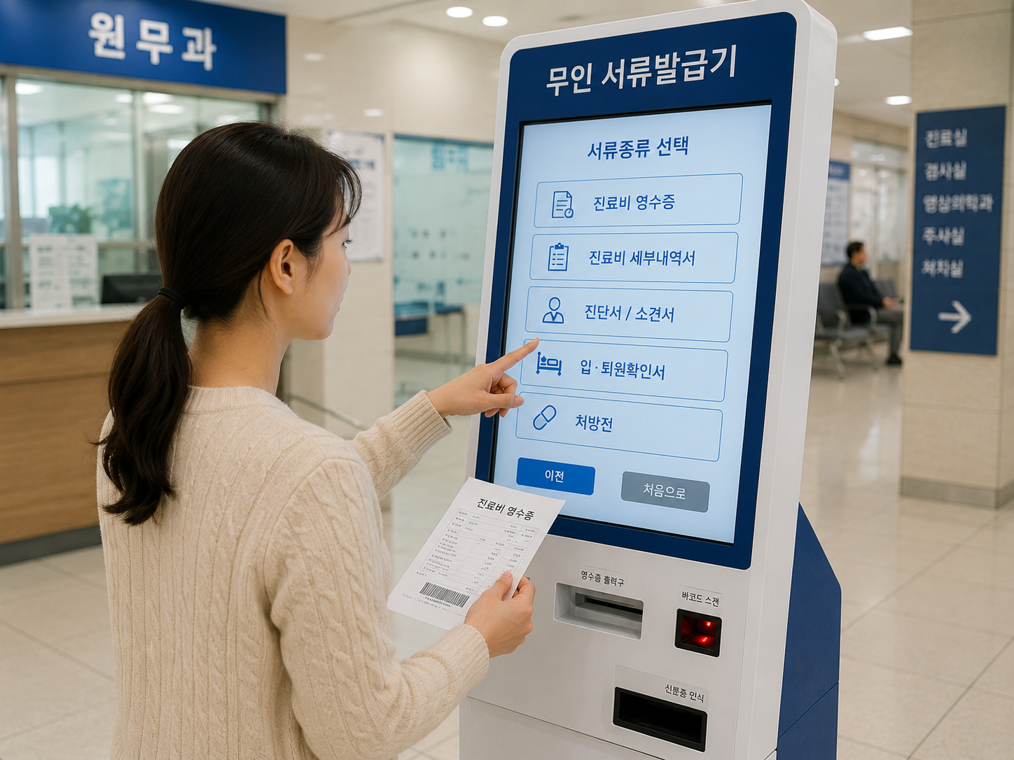 병원 무인서류발급기 이용 장면