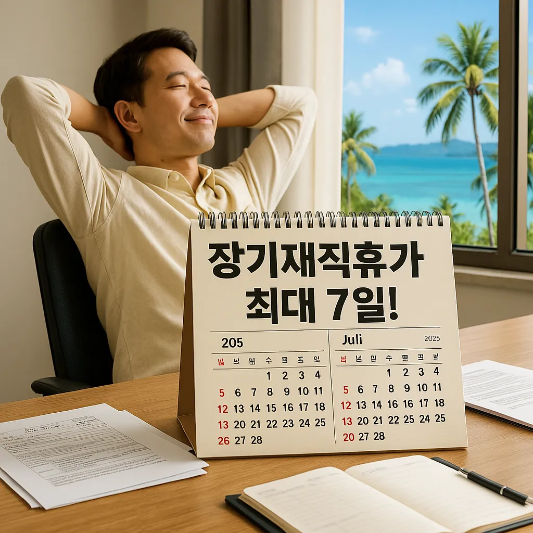 남성이-휴양지에서-웃고-있는-모습과-앞에-달력과-장기재직휴가-일정이-적혀있음