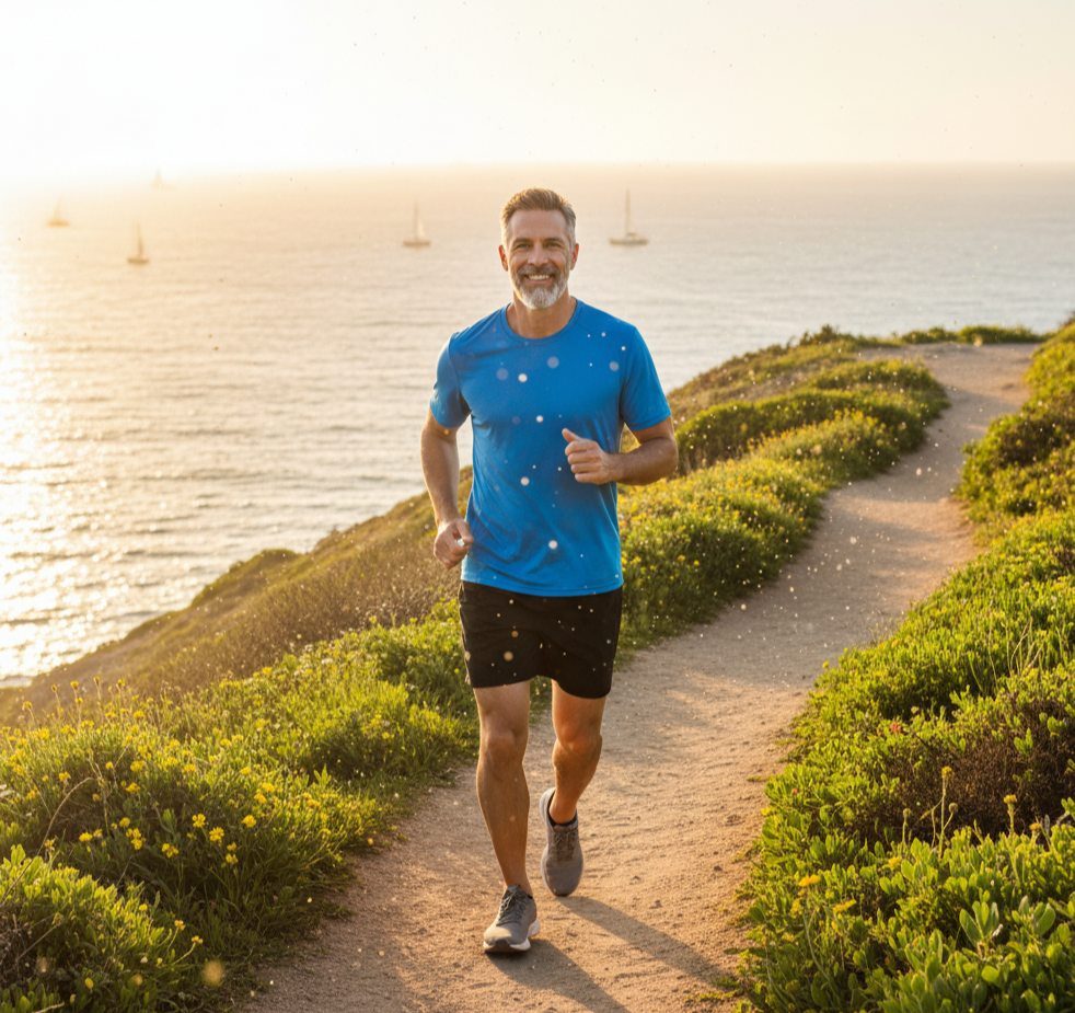 해변길을 달리는 중년 남성의 건강한 라이프스타일