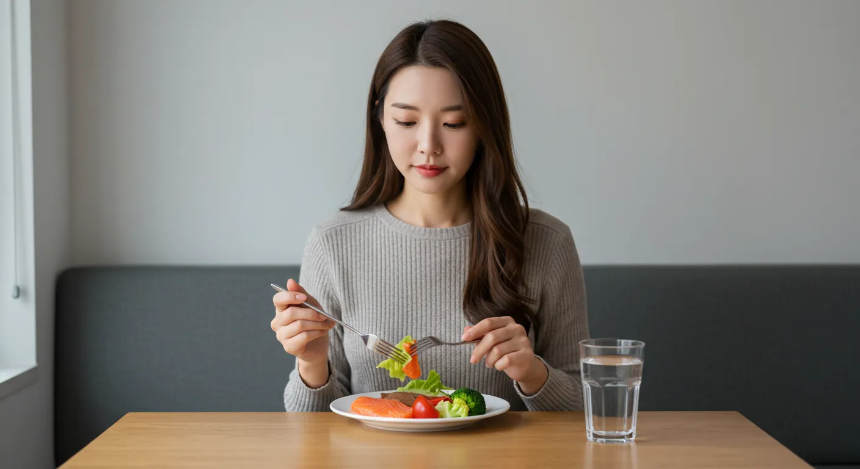 식탁 테이블에서 건강한 식단을 먹고있는 여성 이미지
