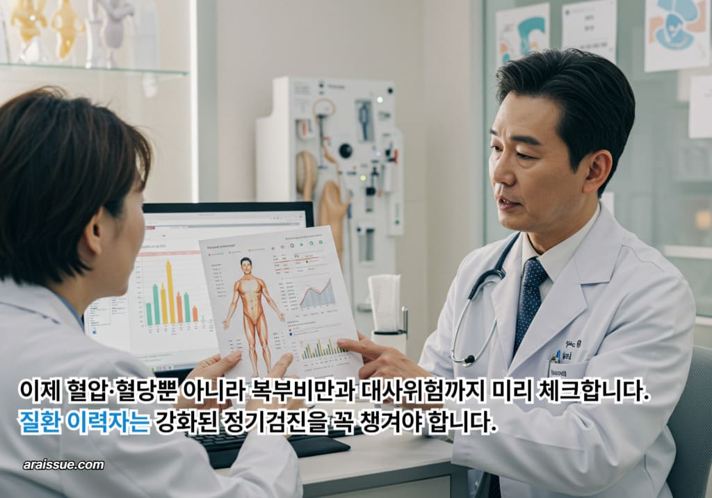 고혈압·당뇨 이력이 있는 환자가 2025년부터 확대 시행되는 정밀 건강검진 항목에 대해 의료진과 상담하는 장면으로, 복부비만·대사증후군 등 만성질환 조기발견 제도를 보여줍니다.