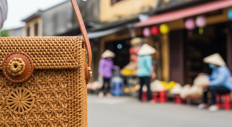 베트남 호이안 시장에서 판매되는 정교하게 수공예된 라탄 가방 근접 촬영 이미지.