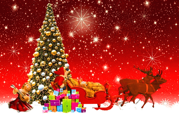 붉은 바탕에 은빛 별들이 가득하고 황금 방울들이 가득 달린 전나무 트리가 있다. 트리 앞에는 사슴 두마리가 끈 ㄴ 썰매가 있고 선물들이 수북하다.