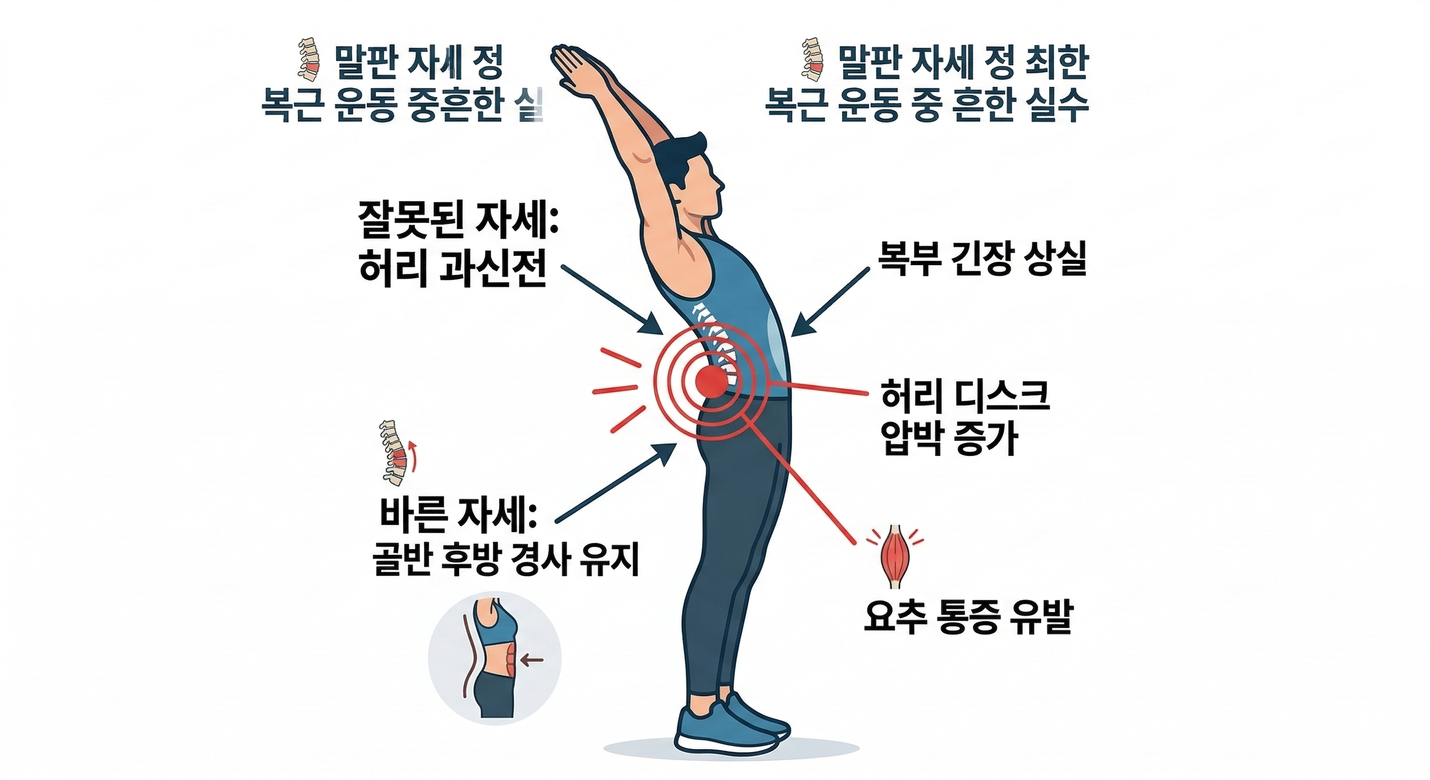 서서 하는 복근 운동 잘못된 자세 코어 정렬 무너짐 허리 과신전