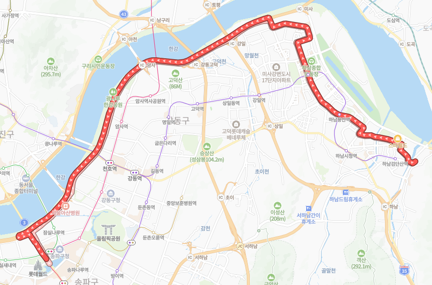 서울-하남-9302-1번-버스-노선-지도