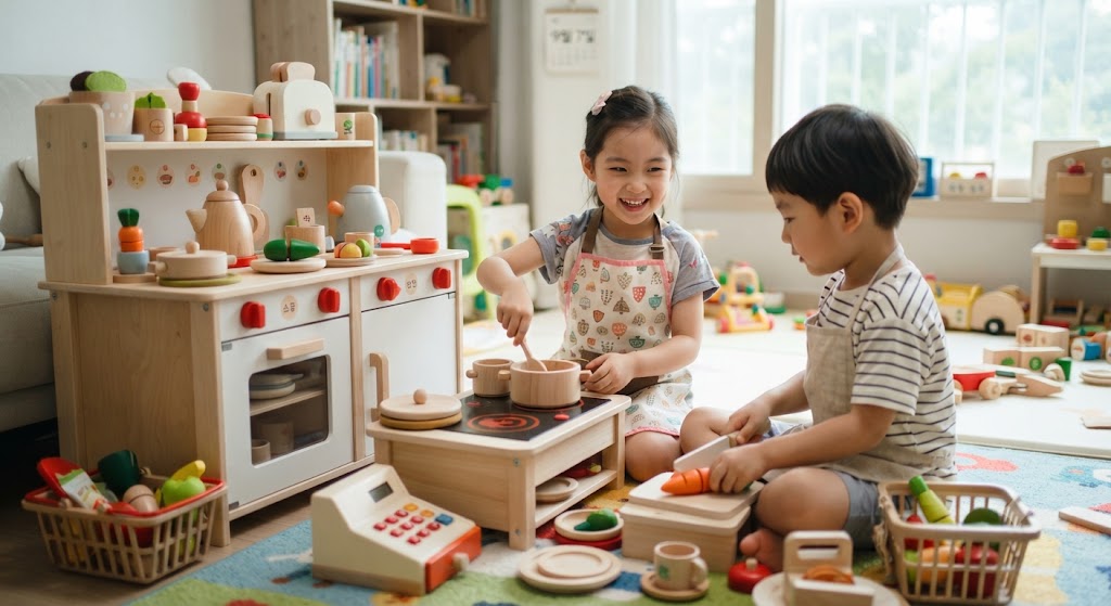시간제보육으로 돌봄을 받고 있는 아이 2명이 소꿉놀이하고 있는 모습