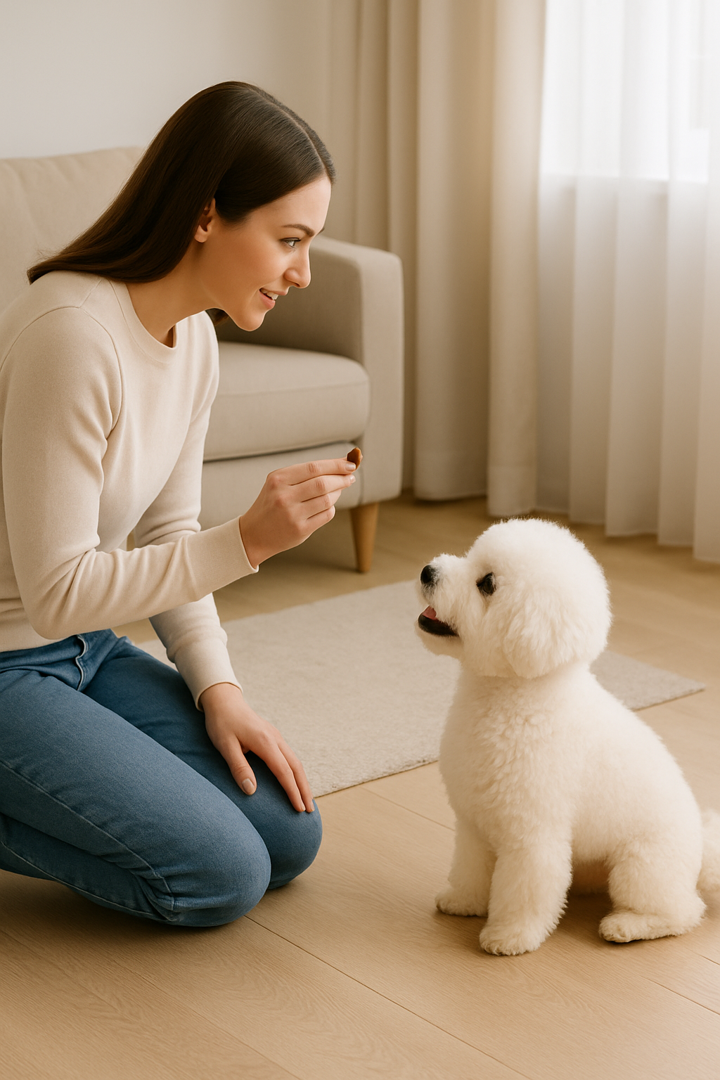 보호자가 무릎을 굽혀 강아지와 눈을 맞추며 손에 간식을 들고 있음 강아지는 흥분하지 않고 차분하게 앉아 집중하는 모습