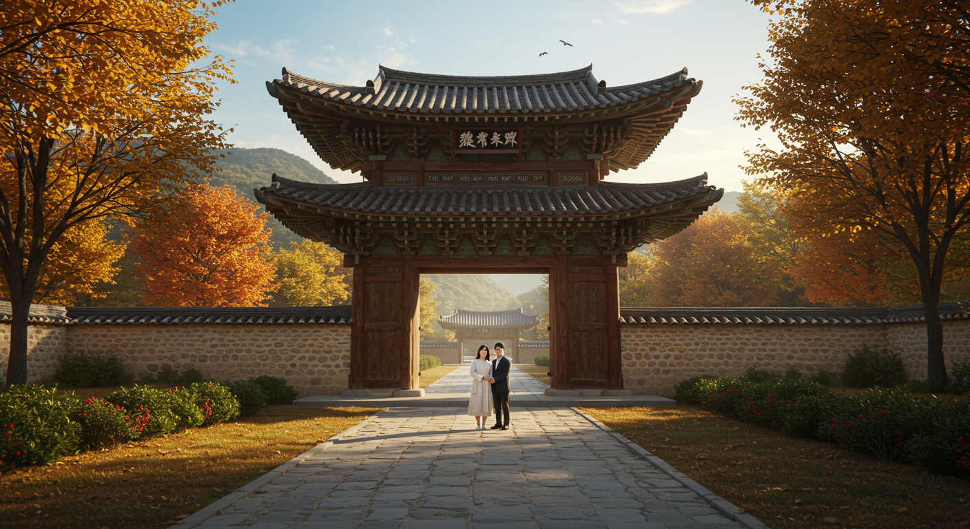 인제 백담사 일주문 앞에서 한국인 커플이 사진을 찍는 모습