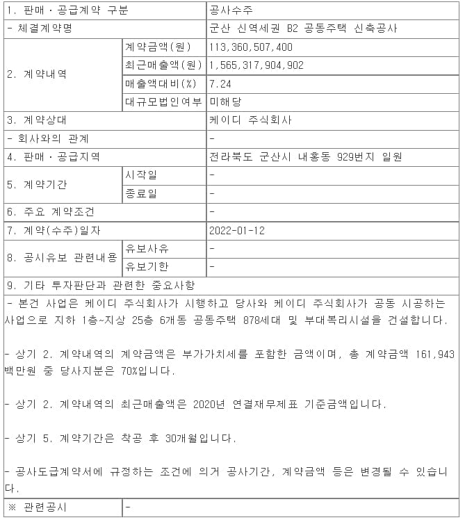 한라, 군산 신역세권 B2 공동주택 신축공사