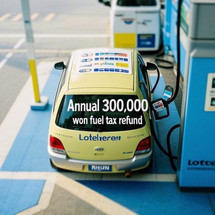 &quot;경차(모닝 또는 캐스퍼)가 주유소에서 주유 중인 장면. 배경에 ‘연간 30만 원 유류세 환급’ 텍스트와 환급 카드(롯데·신한·현대) 로고 흐릿하게 표시. 밝은 노란색과 파란색 톤으로 경제성과 친환경 강조.&quot;