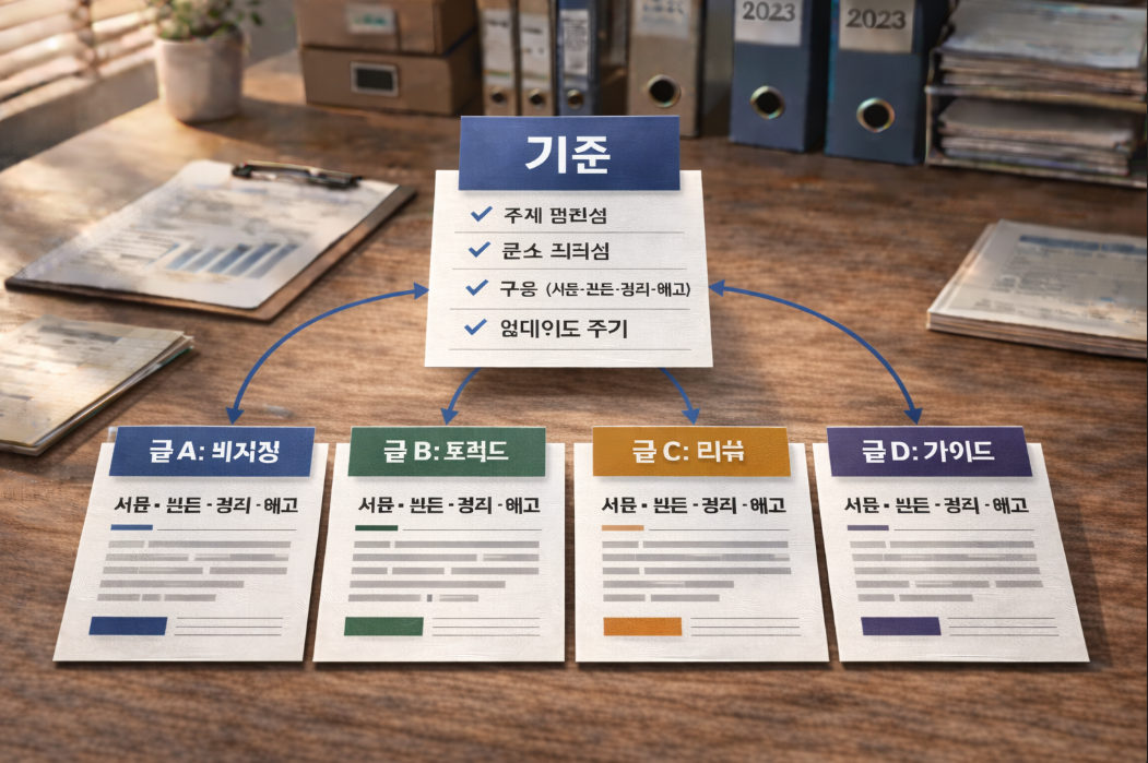 기준 문서를 중심으로 여러 주제가 연결된 콘텐츠 구조 이미지