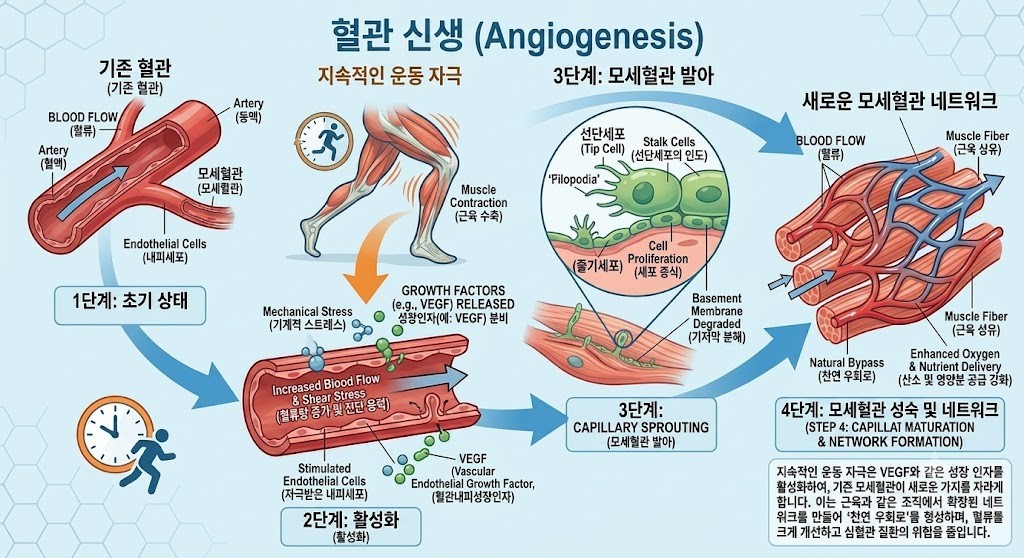 지속적인 운동 자극을 통해 기존 혈관에서 새로운 가지 혈관(모세혈관)을 뻗어 나오게 하여 '천연 우회로'를 만드는 이미지