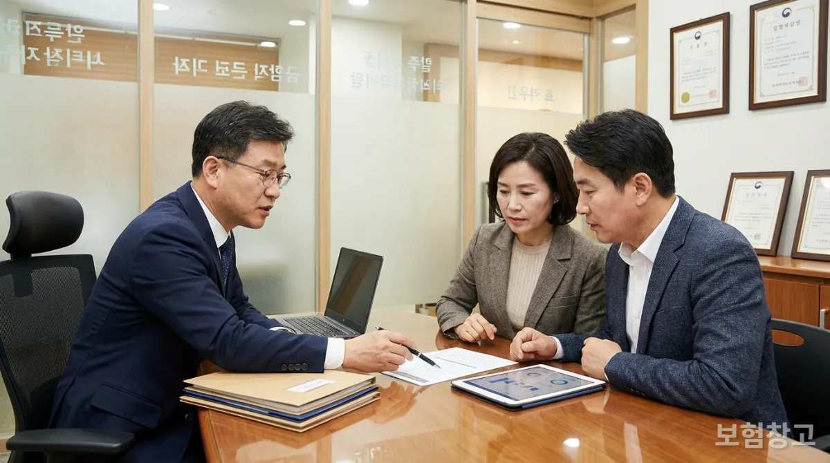 보험 전문가가 한국인 부부에게 보험 약관을 설명하는 모습