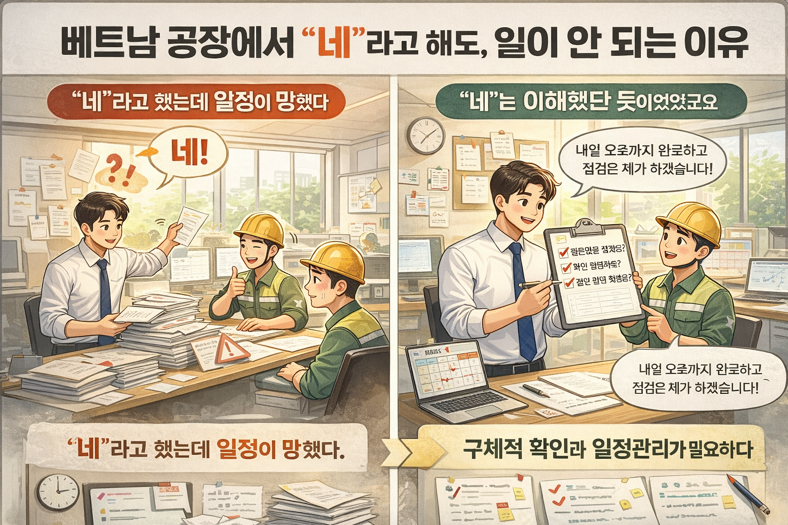 좋다.
6편 이미지용 TXT 형식으로 바로 정리해준다. 그대로 복붙하면 된다.
📌 ALT
베트남 공장에서 “네”라고 답했지만 일정이 어긋나는 상황과 구체적 일정 확인으로 해결하는 장면을 대비한 일러스트