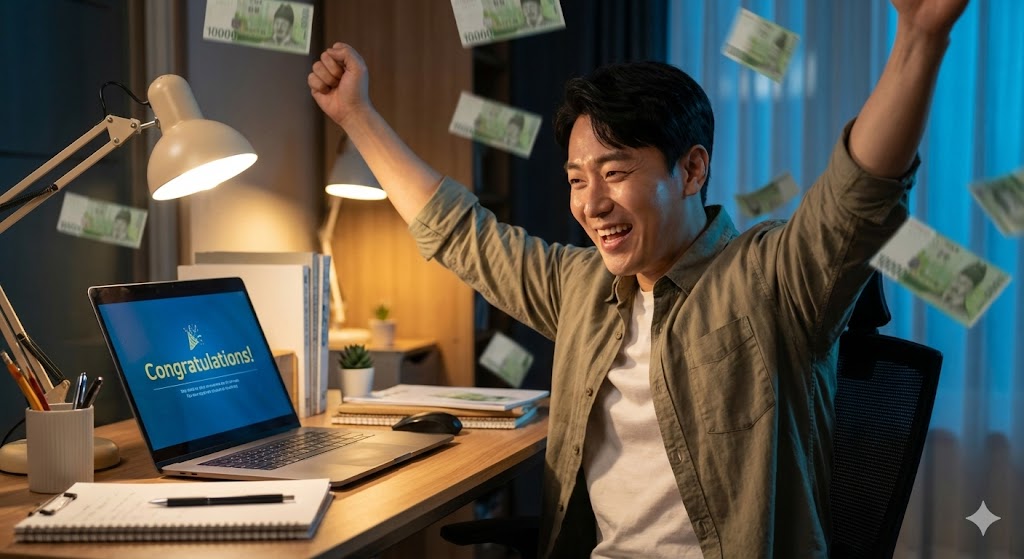 홈택스 환급금 결과를 확인하며 깜짝 놀라면서도 기뻐하는 직장인의 모습. 배경에는 환급금이 쏟아지는 효과