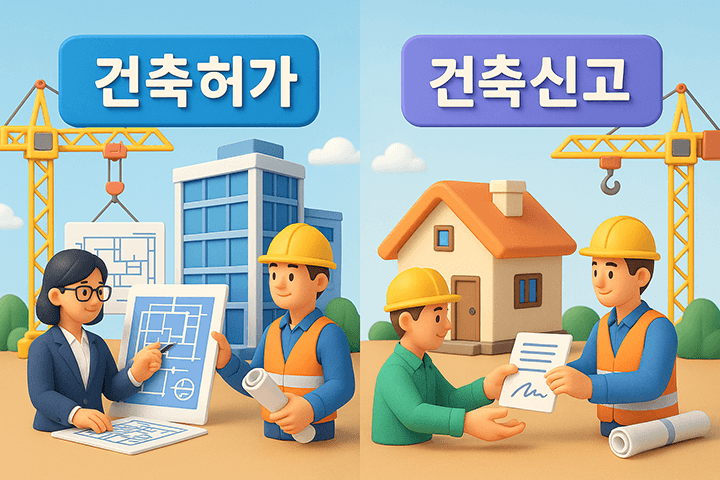 건축허가와 건축신고를 표시한 애니메이션 이미지