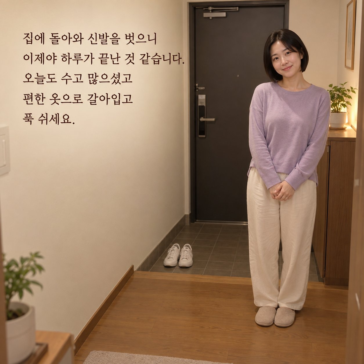 퇴근 후 쉬어가는 저녁 인사 이미지 1 — 집에 돌아와 신발을 벗으니 이제야 하루가 끝난 것 같습니다. 오늘도 수고 많으셨고 편한 옷으로 갈아입고 푹 쉬세요.