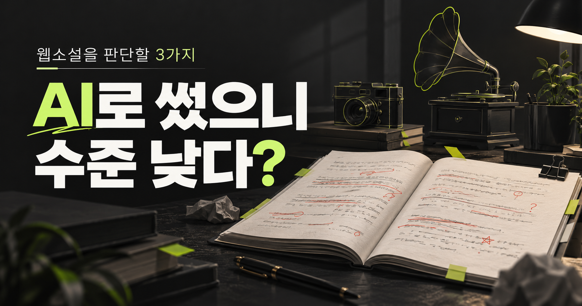 AI로 썼으니 수준 낮다라는 질문과 편집 흔적이 있는 원고, 카메라와 축음기를 담은 표지