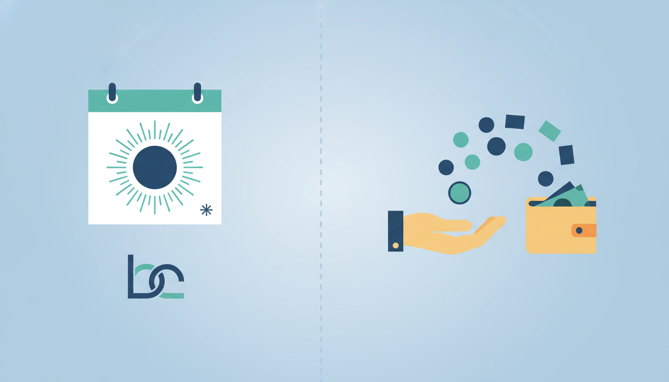 금융 상품의 유동성을 나타내는 이미지입니다. 한쪽에는 먼 미래의 날짜가 표시된 달력이 있어 장기적인 성격을 암시하고, 다른 한쪽에는 지갑으로 자유롭게 흘러 들어가는 현금을 잡는 손이 있어 즉각적인 사용 가능성을 나타냅니다. 플랫 디자인 스타일입니다.