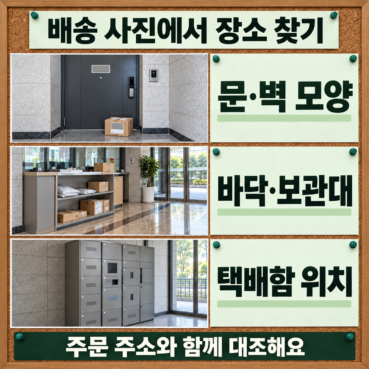 현관문과 벽 마감, 로비 바닥과 보관대, 택배함 모양을 비교해 배송 장소를 찾는 예시
