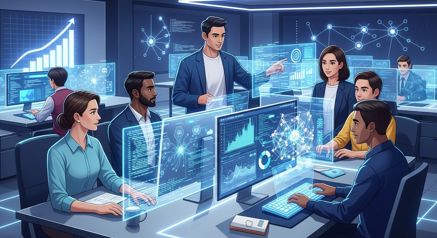 2025년 IT 취업 시장의 밝은 미래를 나타내는 이미지. 다양한 배경의 개발자들이 미래 유망 기술을 활용하여 협업하는 모습.