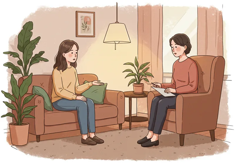 상담실에서 마주 앉아 대화하는 상담사와 젊은 여성 내담자. 내담자는 편안하면서도 진지한 표정으로 이야기하고 있고, 상담사는 경청하며 공감하는 표정을 짓고 있다. 따뜻하고 안정적인 분위기.