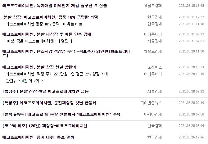 에코프로에이치엔 뉴스, 공시