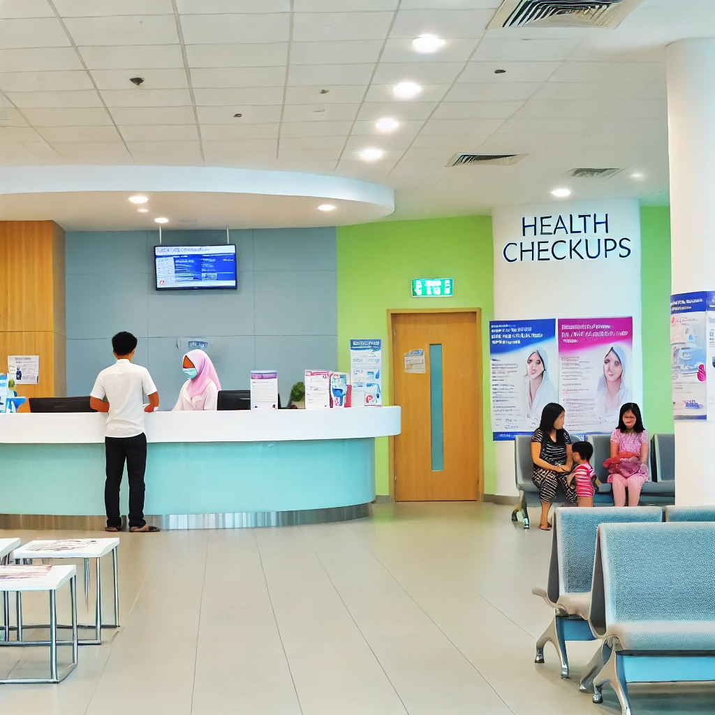 밝은 조명 아래 환자들이 건강검진 예약을 위해 대기하고 있는 병원의 접수처 모습. 병원 직원이 환자를 응대하고 있으며, 벽에는 건강검진 정보를 제공하는 포스터가 있습니다. 환영하는 분위기의 깔끔한 병원 로비.