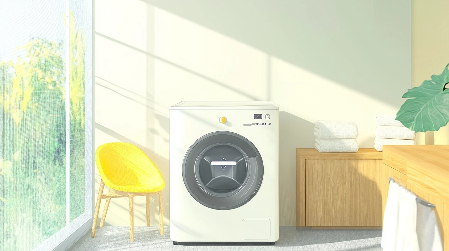 AI 기능을 탑재한 삼성 세탁기가 나무로 장식된 미니멀한 세탁실에서 사용되는 모습.