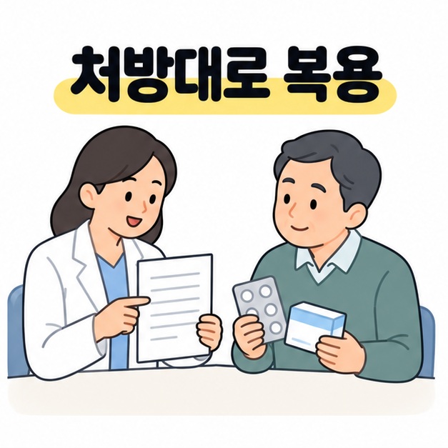 처방대로 복용 문구 아래에서 약 포장을 든 환자가 의료진의 복용 안내를 듣는 그림