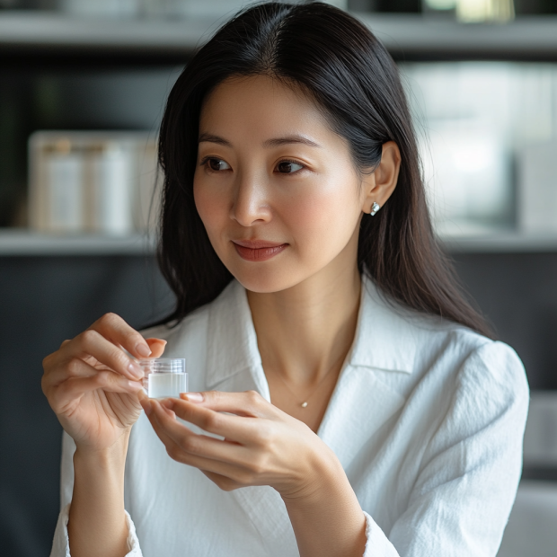 30대 여성의 피부장벽 관리법 - 30대 아시안 여성이 스킨케어제품을 손에 들고있는 모습