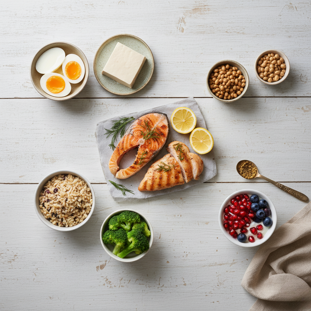 저알부민증 회복에 도움이 되는 단백질 식단 &mdash; 달걀, 두부, 연어, 닭가슴살, 콩, 현미, 브로콜리, 석류, 블루베리가 담긴 건강식 구성