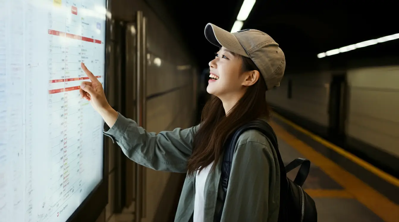 지하철 시간표를 보는 여성