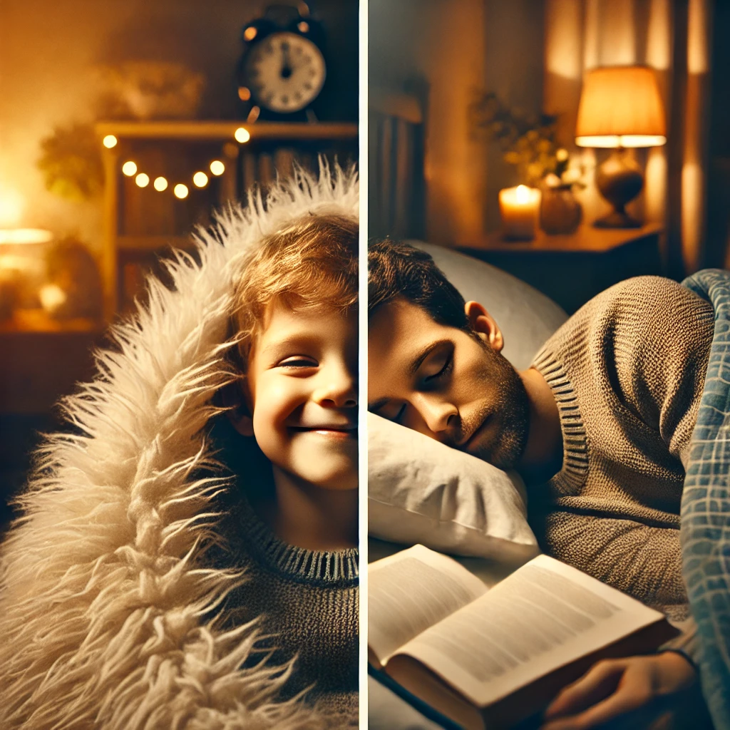아이가 포근한 이불 속에서 미소 지으며 자는 모습 / 책 읽으며 잠드는 청소년의 모습