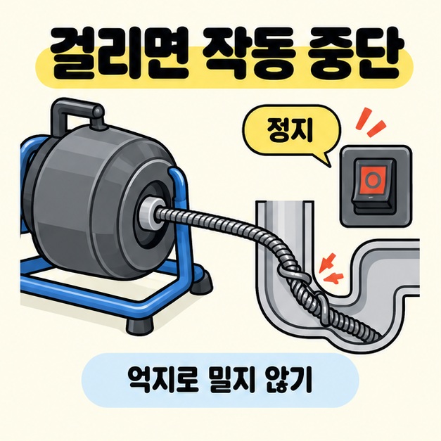 걸리면 작동 중단이라는 제목 아래 배관 입구에서 비틀린 케이블과 전동 드럼 장비, 정지 스위치 및 억지로 밀지 않기 문구를 보여 주는 그림