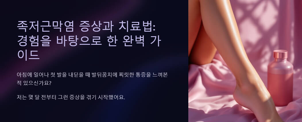 보라색 배경에 "족저근막염 증상과 치료법"이라는 제목이 적혀 있고, 오른쪽에는 분홍색 배경 위에 놓인 여성의 발과 물병이 보이는 이미지
