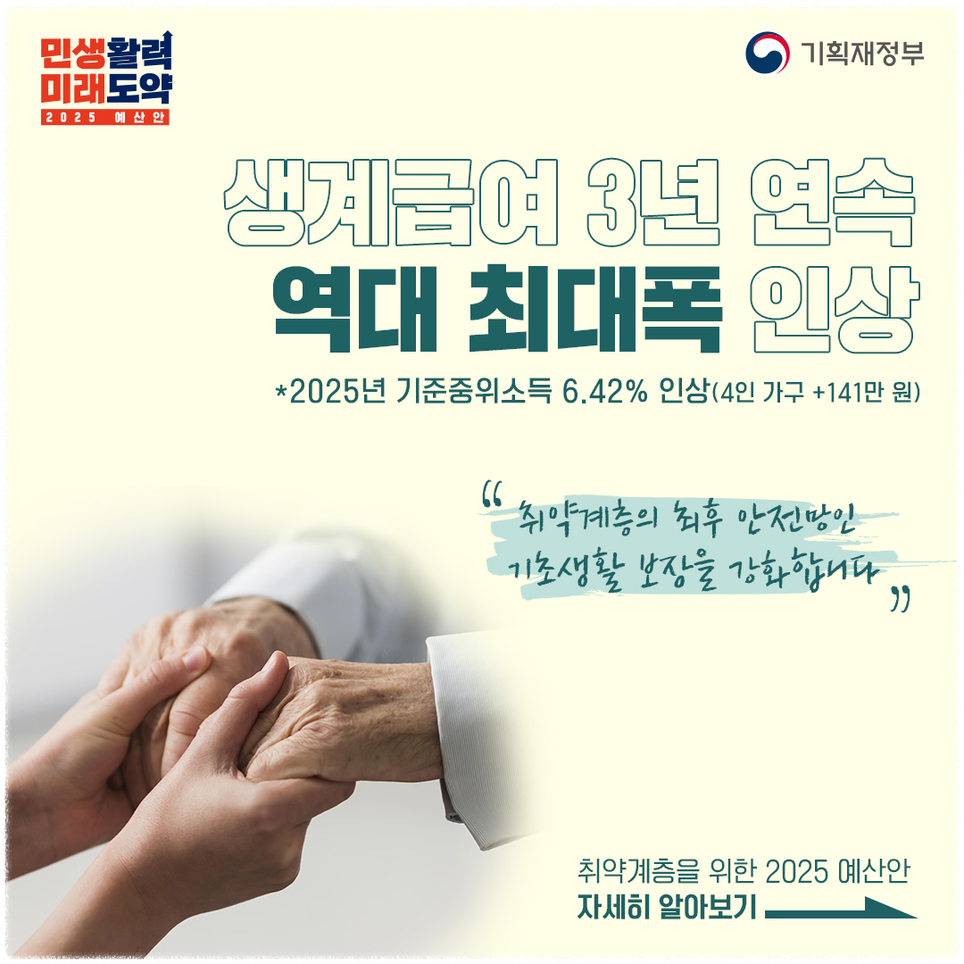 2025년 기초생활수급자 인상 수급비 생계급여