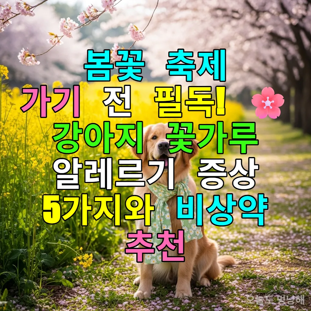 한국의 봄꽃 밭에 앉아 있는 귀여운 골든 리트리버 강아지