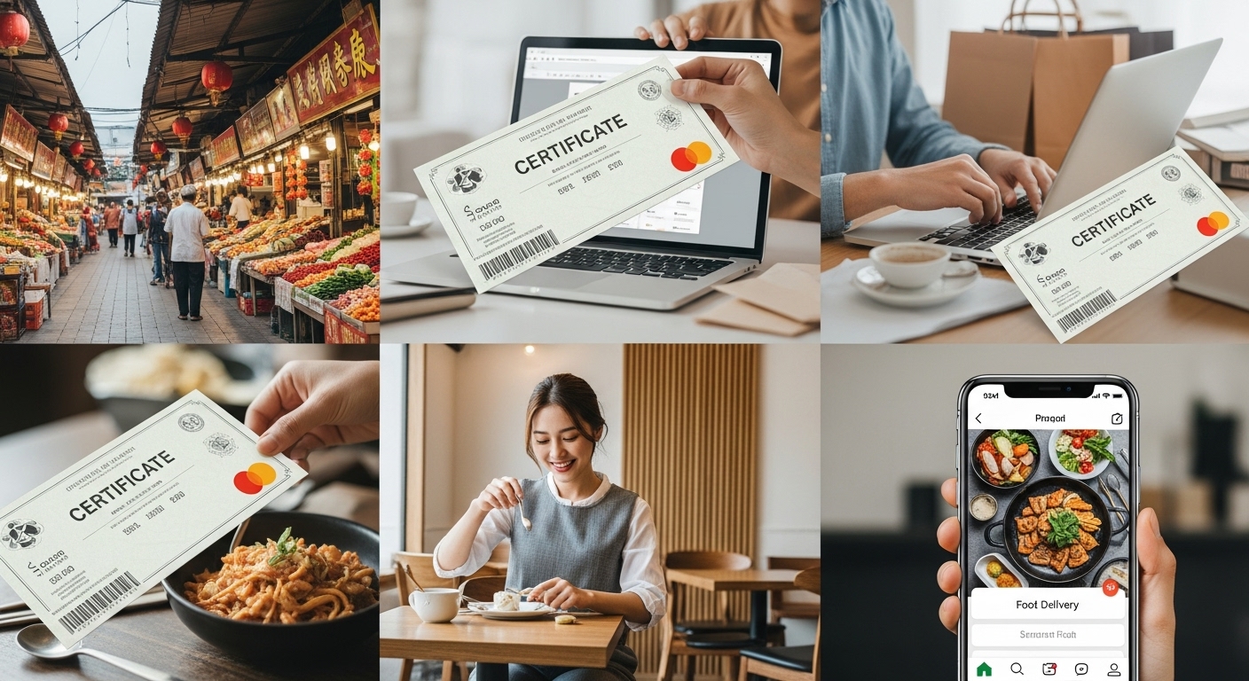 번잡한 전통 시장, 노트북으로 온라인 쇼핑하는 사람, 아늑한 지역 레스토랑, 휴대폰으로 음식 배달 앱