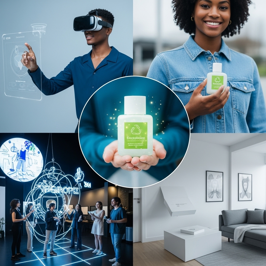 2025년 MZ세대의 다양한 소비 트렌드를 보여주는 콜라주 이미지: AR 쇼핑, 친환경 제품, 체험형 이벤트, 개인화된 구독 서비스 등.