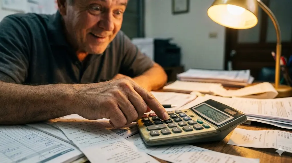 책상 위 가득한 장부와 서류 사이에서 계산기를 두드리며 줄어든 대출 빚 금액을 확인하고 놀라워하는 사업주의 손