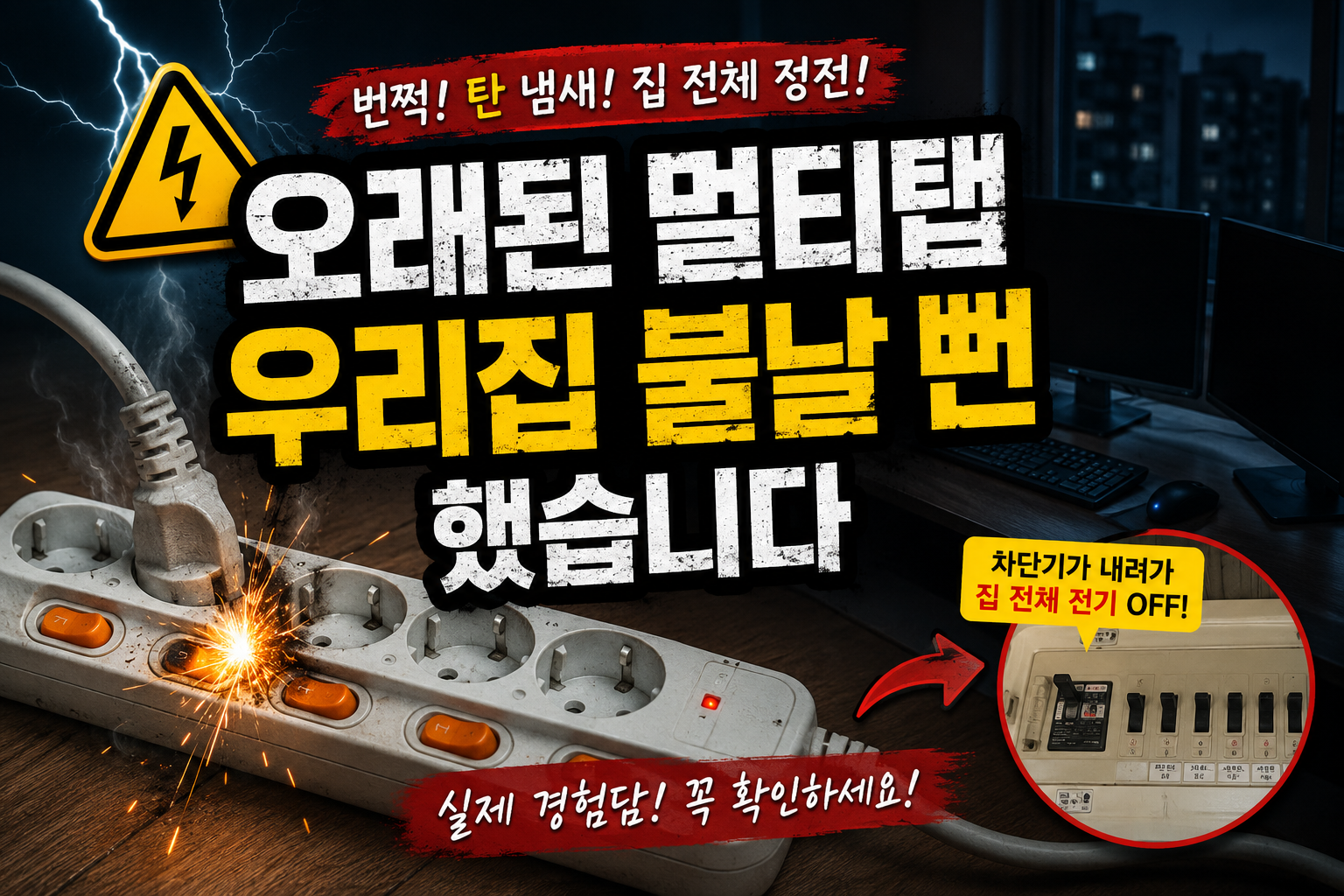오래된 멀티탭에서 스파크와 탄 냄새가 난 뒤 집 전체가 정전된 실제 경험