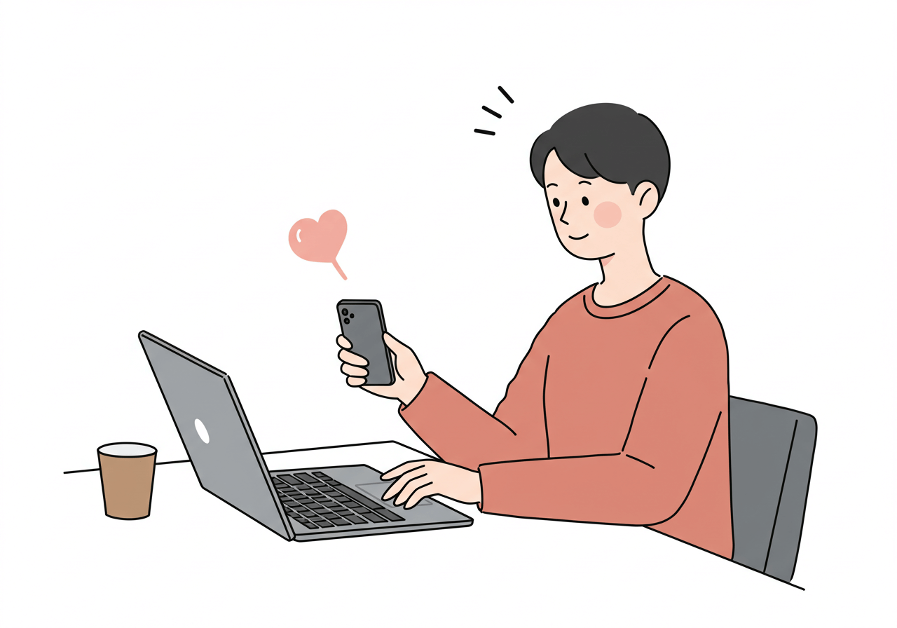 책상에서 노트북과 스마트폰으로 자녀장려금 신청을 준비하는이빠의 모습을 사랑스럽게 표현