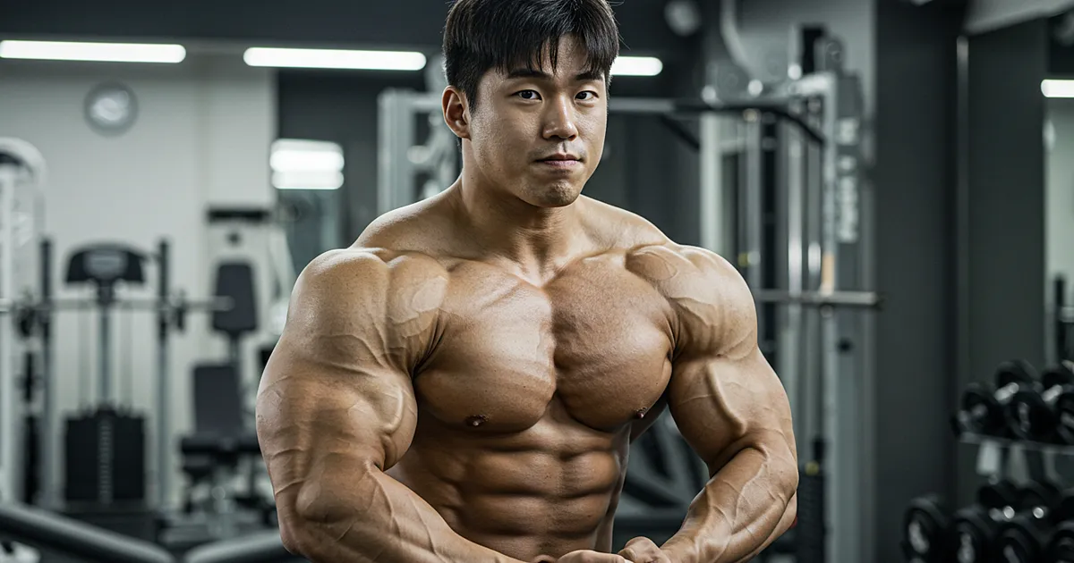 보디빌더가 헬스장에서 상체 포징으로 근육을 강조하는 사진