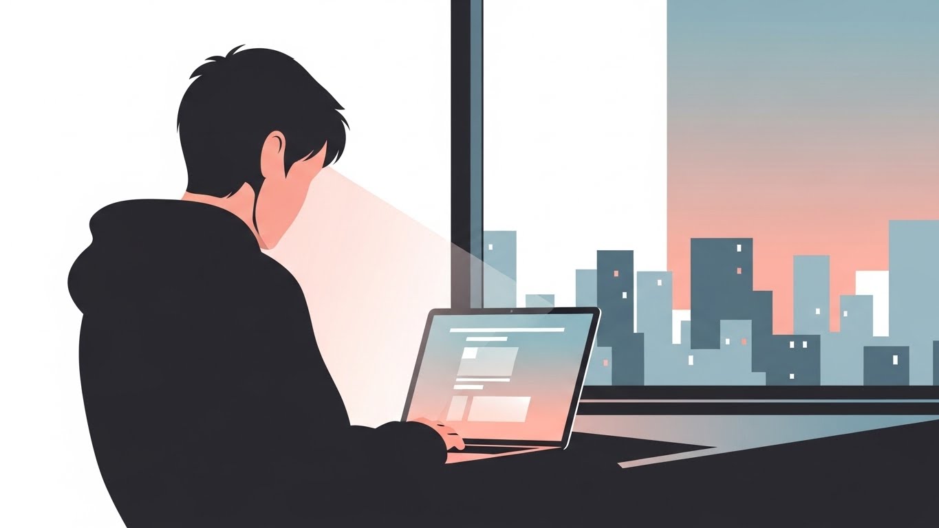 혼자 밤에 노트북을 바라보는 디지털노마드의 모습, 외로움에 대한 대비가 필요합니다.